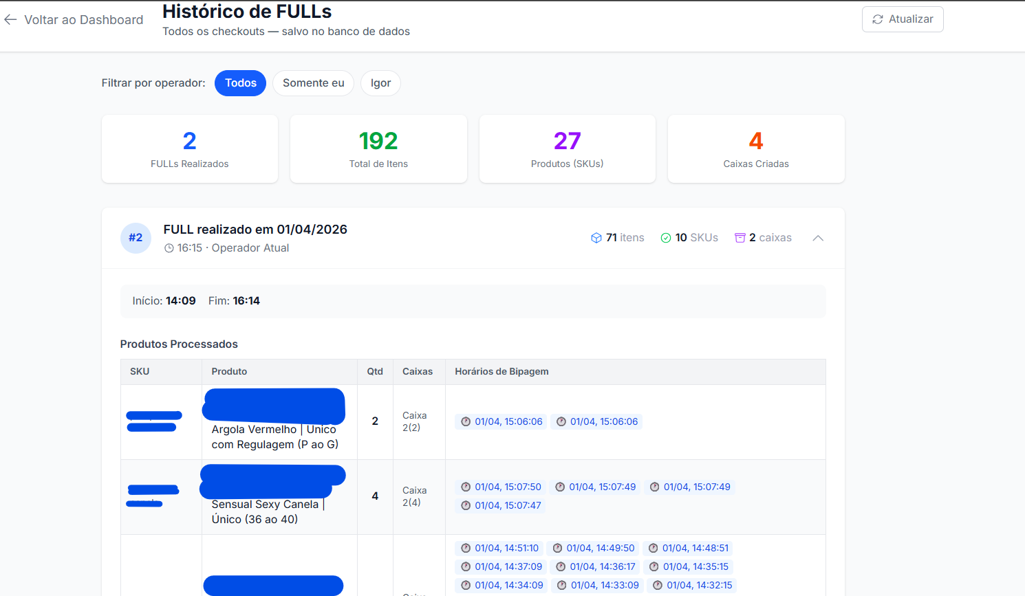 Histórico de FULLs do Turbcom com todas as remessas salvas, mostrando produtos processados por SKU, quantidade, distribuição nas caixas e os horários de bipagem de cada item